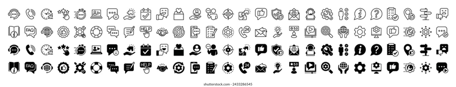 Customer service and support icon set. Containing assistance, help, satisfaction, technical, experience, feedback, problem-solving, settings, care, solution, chat, call. Vector illustration