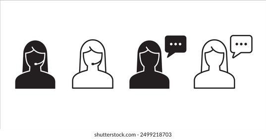 Conjunto de iconos de Servicio al cliente y Asistencia. Iconos de llamadas de ayuda y Asistencia. Símbolo de emprendedor. Ilustración de icono de Vector. Contiene el símbolo de chat en vivo, recepcionista y operador femenino o masculino.