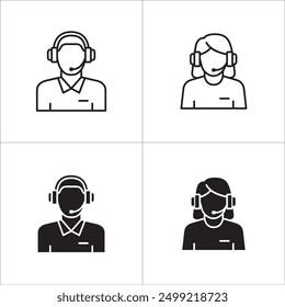 Conjunto de iconos de Servicio al cliente y Asistencia. Iconos de llamadas de ayuda y Asistencia. Símbolo de emprendedor. Ilustración de icono de Vector. Contiene el símbolo de chat en vivo, recepcionista y operador femenino o masculino.