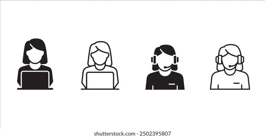 Conjunto de iconos de Servicio al cliente y Asistencia. Iconos de llamadas de ayuda y Asistencia. Símbolo de emprendedor. Ilustración de icono de Vector. Contiene el símbolo de chat en vivo, recepcionista y operador femenino o masculino.