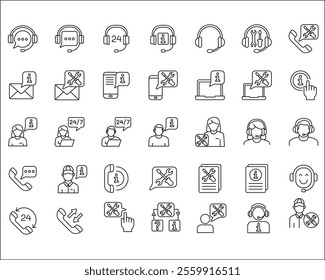 Customer service and support icon set. Containing icons of help, technical, assistance, assistant, agent, hot line, contact, call, staff, operator, mail, manual book. Vector stock in thin line design