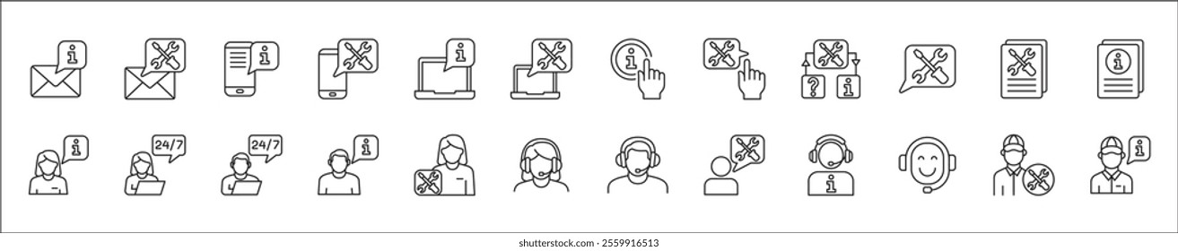 Customer service and support icon set. Containing icons of help, technical, assistance, assistant, agent, hot line, contact, call, staff, operator, mail, manual book. Vector stock in thin line design