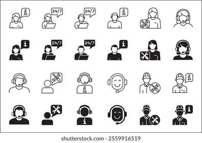 Customer service and support icon set. Containing icons of help, technical, assistance, assistant, agent, hot line, contact, call, staff, operator, mail, manual book. Vector stock in flat solid design