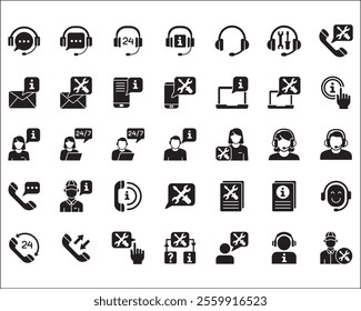 Customer service and support icon set. Containing icons of help, technical, assistance, assistant, agent, hot line, contact, call, staff, operator, mail, manual book. Vector stock in flat solid design