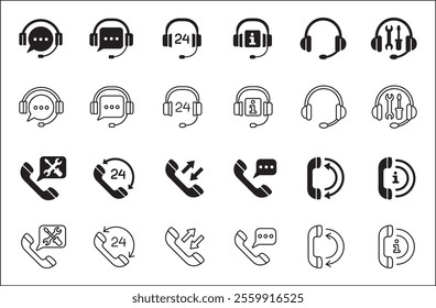 Customer service and support icon set. Containing icons of help, technical, assistance, assistant, agent, hot line, contact, call, staff, operator, mail, manual book. Vector stock in flat solid design