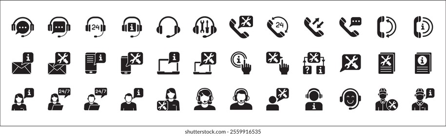 Customer service and support icon set. Containing icons of help, technical, assistance, assistant, agent, hot line, contact, call, staff, operator.