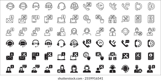 Customer service and support icon set. Containing icons of help, technical, assistance, assistant, agent, hot line, contact, call, staff, operator, mail, manual book. Vector stock in flat solid design