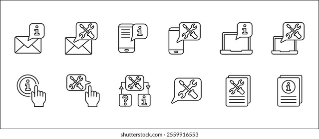 Customer service and support icon set. Containing icons of help, technical, assistance, assistant, agent, hot line, contact, call, staff, operator, mail, manual book. Vector stock in thin line design