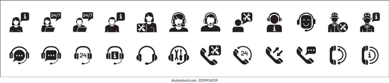 Customer service and support icon set. Containing icons of help, technical, assistance, assistant, agent, hot line, contact, call, staff, operator, mail, manual book. Vector stock in flat solid design