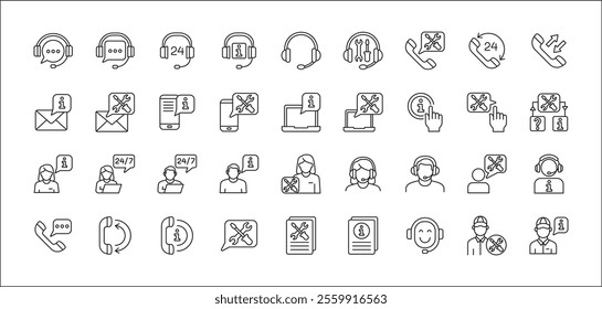 Customer service and support icon set. Containing icons of help, technical, assistance, assistant, agent, hot line, contact, call, staff, operator, mail, manual book. Vector stock in thin line design