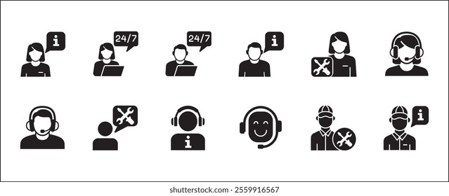 Customer service and support icon set. Containing icons of help, technical, assistance, assistant, agent, hot line, contact, call, staff, operator, mail, manual book. Vector stock in flat solid design