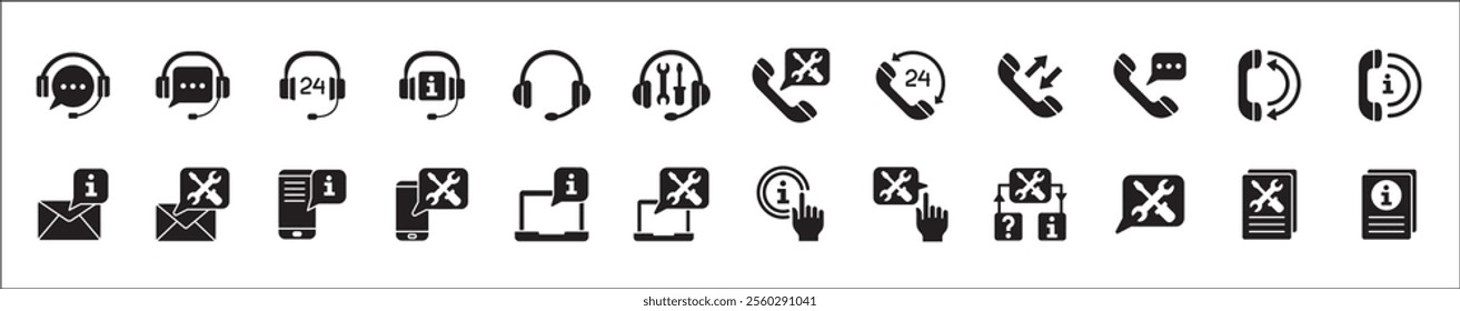 Customer service and support icon set. Containing icons of help, technical, assistance, assistant, agent, hot line, contact, call, staff, operator, mail, manual book. Vector stock in flat solid design