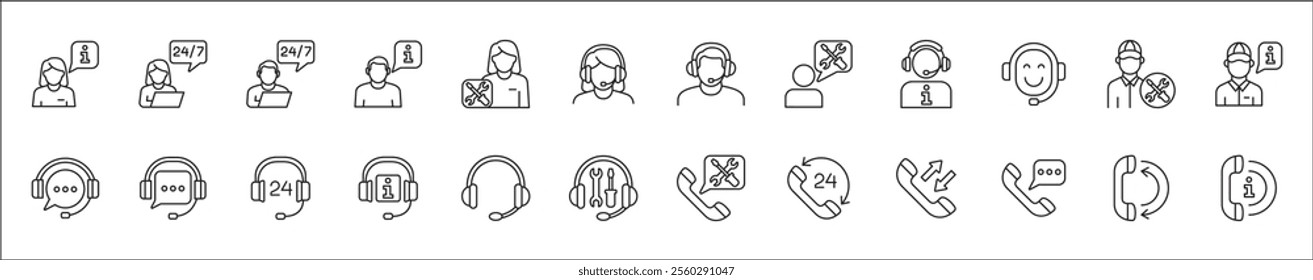 Customer service and support icon set. Containing icons of help, technical, assistance, assistant, agent, hot line, contact, call, staff, operator, mail, manual book. Vector stock in thin line design