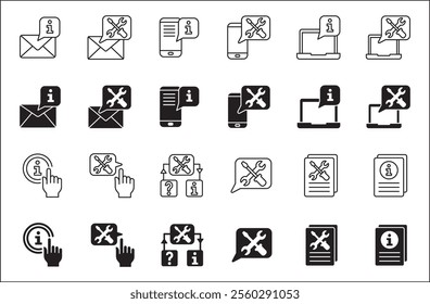 Customer service and support icon set. Containing icons of help, technical, assistance, assistant, agent, hot line, contact, call, staff, operator, mail, manual book. Vector stock in flat solid design