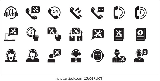 Customer service and support icon set. Containing icons of help, technical, assistance, assistant, agent, hot line, contact, call, staff, operator, mail, manual book. Vector stock in flat solid design