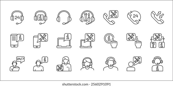 Customer service and support icon set. Containing icons of help, technical, assistance, assistant, agent, hot line, contact, call, staff, operator, mail, manual book. Vector stock in thin line design