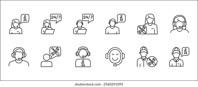 Customer service and support icon set. Containing icons of help, technical, assistance, assistant, agent, hot line, contact, call, staff, operator, mail, manual book. Vector stock in thin line design