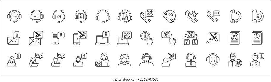 Customer service and support icon set. Containing icons of help, technical, assistance, assistant, agent, hot line, contact, call, staff, operator, mail, manual book. Vector stock in thin line design