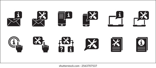 Customer service and support icon set. Containing icons of help, technical, assistance, assistant, agent, hot line, contact, call, staff, operator, mail, manual book. Vector stock in flat solid design