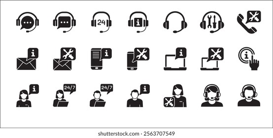 Customer service and support icon set. Containing icons of help, technical, assistance, assistant, agent, hot line, contact, call, staff, operator, mail, manual book. Vector stock in flat solid design