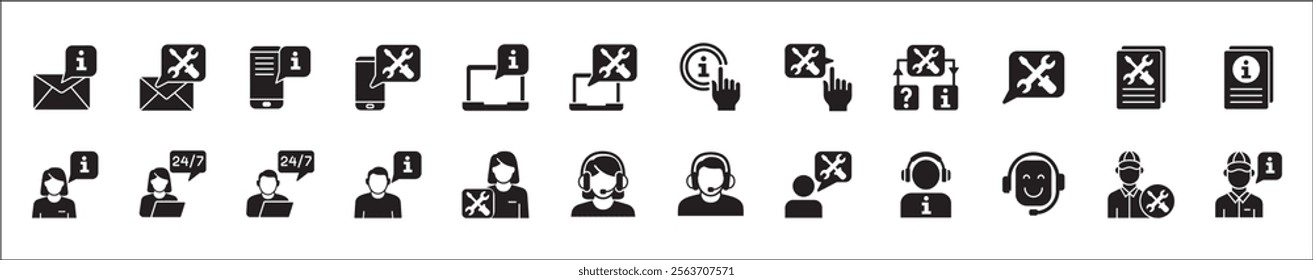 Customer service and support icon set. Containing icons of help, technical, assistance, assistant, agent, hot line, contact, call, staff, operator, mail, manual book. Vector stock in flat solid design