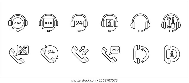 Customer service and support icon set. Containing icons of help, technical, assistance, assistant, agent, hot line, contact, call, staff, operator, mail, manual book. Vector stock in thin line design