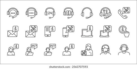 Customer service and support icon set. Containing icons of help, technical, assistance, assistant, agent, hot line, contact, call, staff, operator, mail, manual book. Vector stock in thin line design