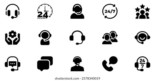 Customer service and support icon set. Containing assistance, operator, help desk, technical, call center, contact, 24 hour chat answer, guidance, info, message, question, faq. Vector illustration. 