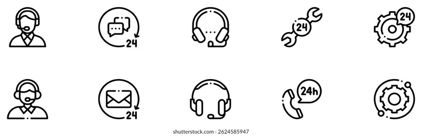 Customer service and support icon set. Containing assistance, operator, help desk, technical, call center, contact, 24 hour chat answer, guidance, info, message, question, faq. Vector illustration.