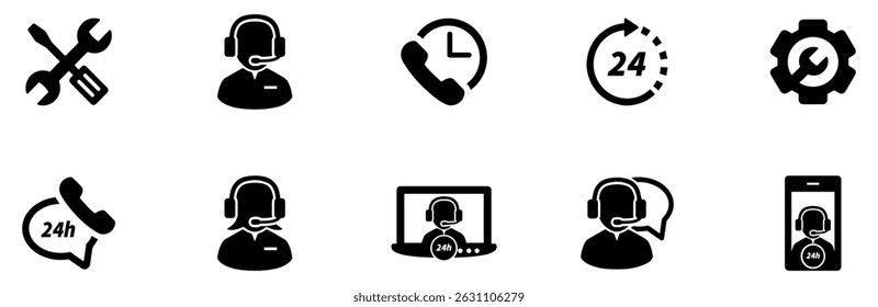 Customer service and support icon set. Containing assistance, operator, help desk, technical, call center, contact, 24 hour chat answer, guidance, info, message, question, faq. Vector illustration. 