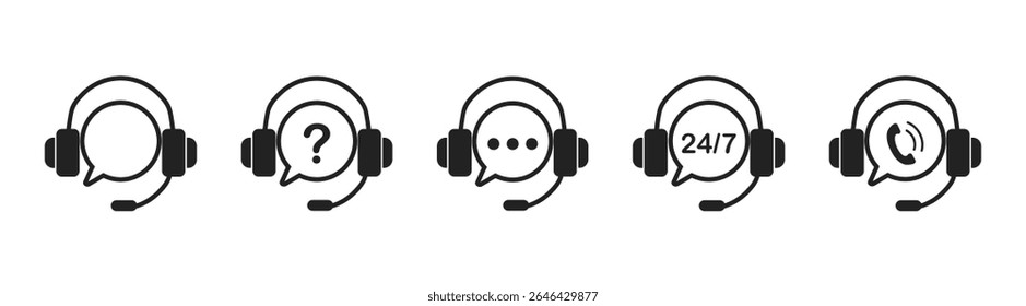 Customer service and support icon set. Headset with speech bubble vector illustration. Vector illustration