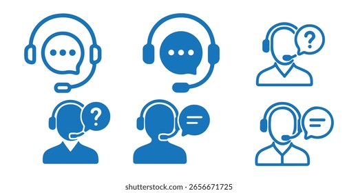 Conjunto de ícones de suporte e atendimento ao cliente. Contendo assistência, operador, help desk, técnico, call center, contato, resposta de chat 24 horas, orientação, informações, mensagem, pergunta, perguntas frequentes. Ilustração vetorial