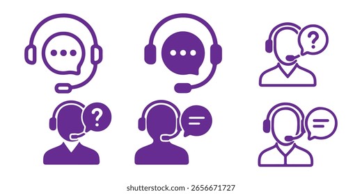 Conjunto de iconos de Servicio al cliente y Asistencia. Contiene asistencia, operador, mesa de ayuda, técnico, centro de llamadas, contacto, respuesta de chat las 24 horas, orientación, información, mensaje, pregunta, preguntas frecuentes. Ilustración vectorial