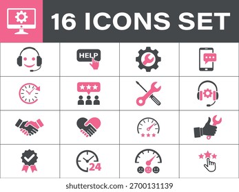 Conjunto de iconos de Servicio al cliente y Asistencia aislados sobre fondo blanco. incluyendo comunicación, 
Comentarios y soluciones técnicas