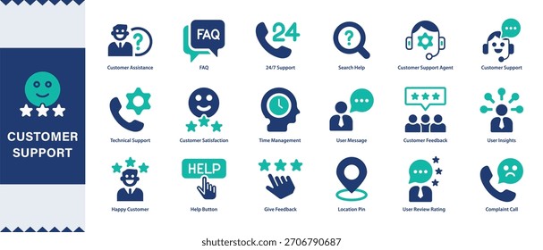 Customer service ,Customer support  icon set. Containing customer satisfied, assistance, experience, feedback, operator and technical support icons. Solid icon collection.