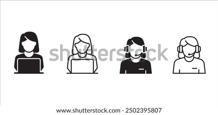 Customer service and support icon set. Help and support call icons. Entrepreneur symbol. Vector icon illustration. Contain symbol of Live chat, female or male receptionist and operator.