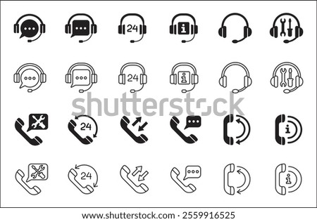 Customer service and support icon set. Containing icons of help, technical, assistance, assistant, agent, hot line, contact, call, staff, operator, mail, manual book. Vector stock in flat solid design