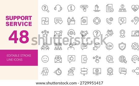 Customer service and support icon set. Containing client, helpline, chat, headset, help, assistance, aid, mutual, call center, hot line, information, phone, contact us and more. Editable line icons. Vector illustration.