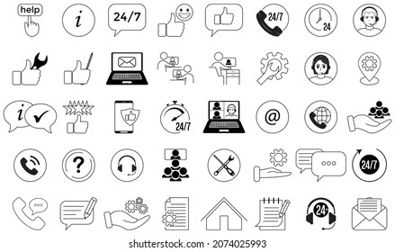 Customer Service and Support Icons Set - Outline Icons Collection. The set contains icons such as online help, 24 hour service, helpdesk, quick response, feedback and more. Editable Stroke