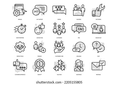 Los iconos de Servicio al cliente y Soporte técnico se configuran. Conjunto de iconos de trazo editables.Conjunto de vectores de Servicio al cliente y Asistencia