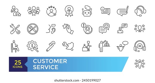 Customer service and support line icons set. Thin outline icons pack. Containing customer assistance, experience, feedback, operator and support icons.
