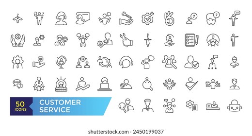 Customer service and support line icons set. Thin outline icons pack. Containing customer assistance, experience, feedback, operator and support icons.