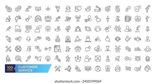 Customer service and support line icons set. Thin outline icons pack. Containing customer assistance, experience, feedback, operator and support icons.