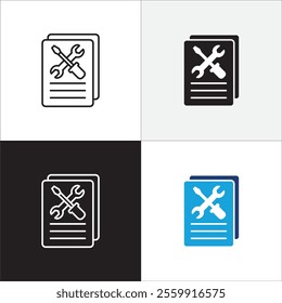 Customer service and support manual book icon set. Help center and information document icons. Technical support instruction signs. Vector stock illustration.