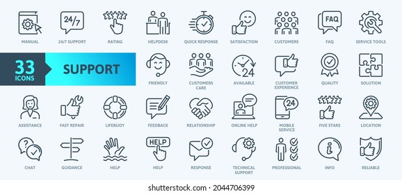 Customer Service and Support - Outline Icon Collection. Thin Line Set contains such Icons as Online Help, Helpdesk, Quick Response, Feedback and more. Simple web icons set. - Shutterstock ID 2044706399
