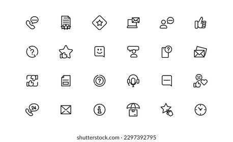 Kundenservice und Support - Übersicht über die Symbolsammlung. Thin Line Set enthält Symbole wie Online-Hilfe, Helpdesk, Quick Response, Feedback und mehr. Einfache Web-Symbole
