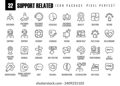 Customer Service and Support, Outline Icon Pixel perfect. Thin Line Set contains such Icons as Online Help, Helpdesk, Quick Response, Feedback and more. Simple web icons set.