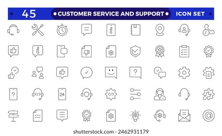 Customer Service and Support - Outline Icon Collection.Thin-line modern style of customer service icons: feedback, technical support, assistance, information, and more. 
