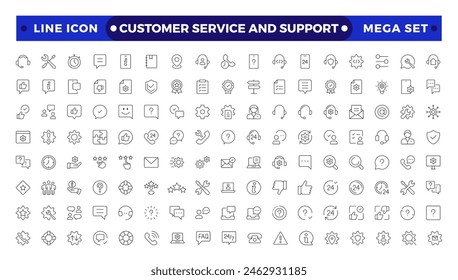 Customer Service and Support - Outline Icon Collection.Thin-line modern style of customer service icons: feedback, technical support, assistance, information, and more. 


