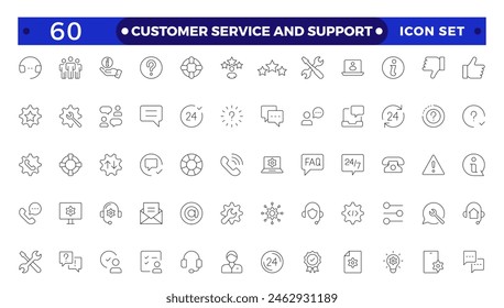 Customer Service and Support - Outline Icon Collection.Thin-line modern style of customer service icons: feedback, technical support, assistance, information, and more. 